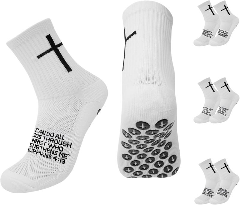 Meudid 3 Pair Youth Grip Soccer Socks with Cross - Anti-Slip Grips Kids Socks with Bible for US 5-10 - Image 1